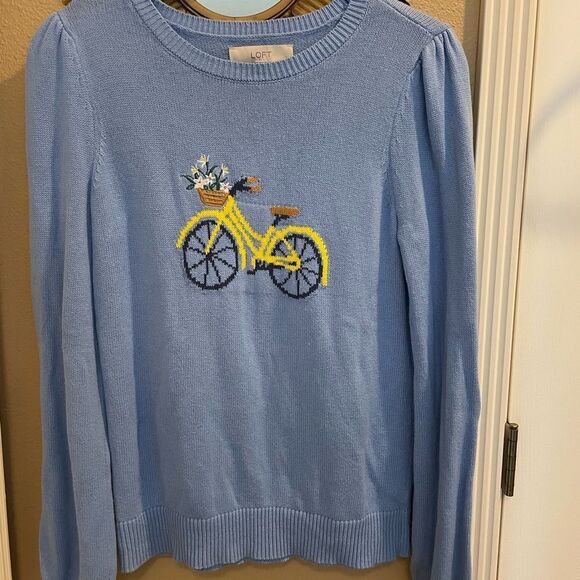 LOFT Women’s Sky Blue Bicycle and Flowers Embroidered Long Sleeve Sweater M - Picture 1 of 11